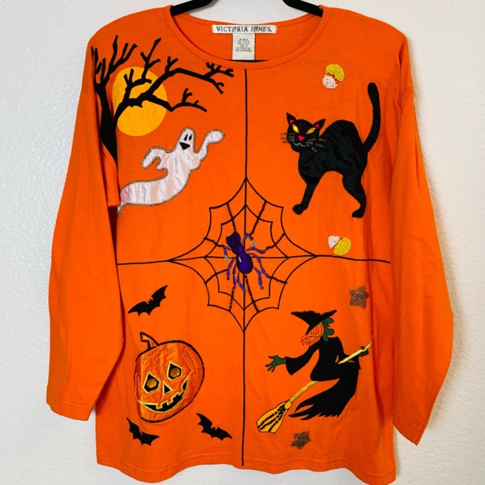 Vintage Halloween Shirt Medium Orange Spider Web Ghost Witch Black Cat Pumpkin
